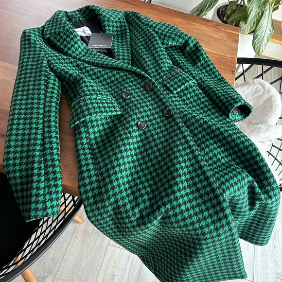 Ena Pelly x RJ ◡̈ Green + Navy Plaid Wool Tailored Houndstooth Coat NWT US2 - Picture 7 of 15